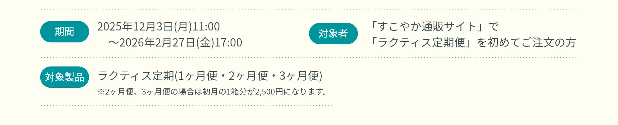期間：2025年12月1日(月)11:00～2026年2月27日(金)17:00／対象者：「すこやか通販サイト」で「ラクティス定期便」を初めてご注文の方／対象製品：ラクティス定期(1ヶ月便・2ヶ月便・3ヶ月便)※2ヶ月便、3ヶ月便の場合は初月の1箱分が2,500円になります。