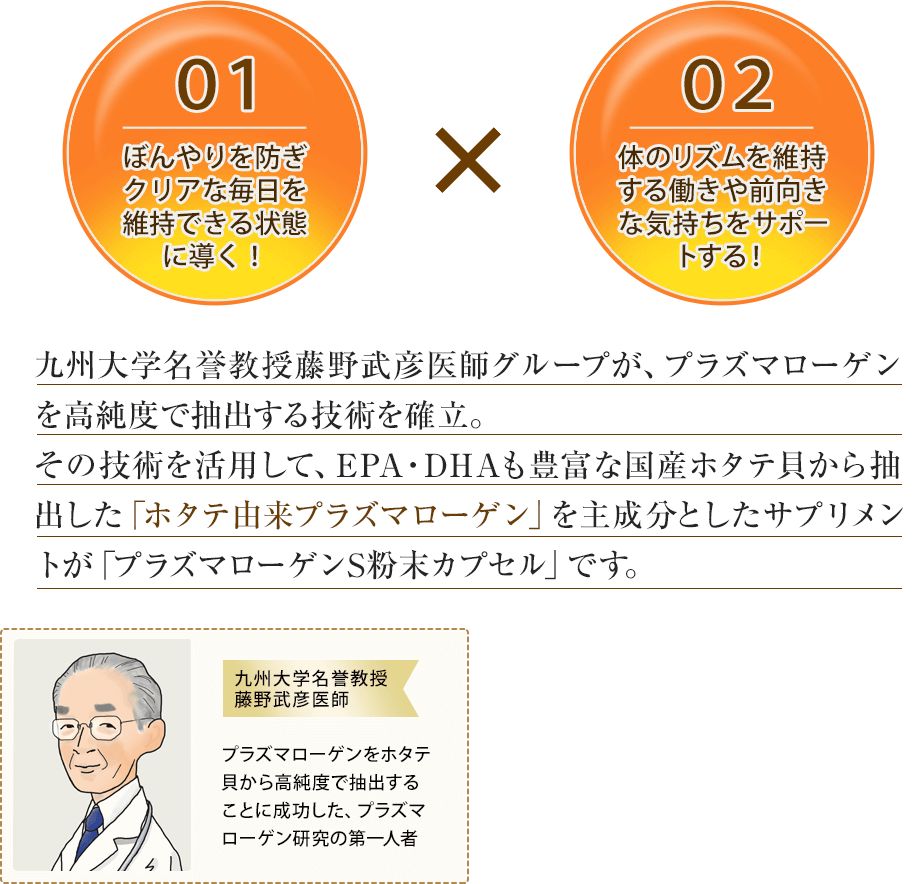 九州大学名誉教授の藤野武彦医師のグループと、ビーアンドエスコーポレーションとの共同研究により、世界で初めて「高齢者の知的生活を応援する特別なサプリメント」ホタテ・プラズマローゲンの製品化に成功しました！